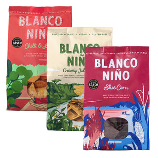 Blanco Nino 3 Pack Selection – Blue Corn, Chilli & Lime and Creamy Jalapeño – 3 x 170g bags of delicious traditionally made corn tortilla chips