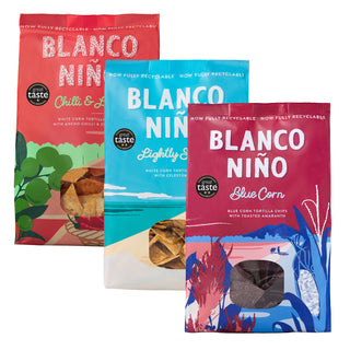 Blanco Nino 3 Pack Selection – Blue Corn, Chilli & Lime and Lightly Salted – 3 x 170g bags of delicious traditionally made corn tortilla chips