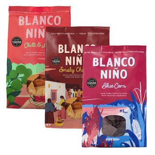 Blanco Nino 3 Pack Selection – Blue Corn, Chilli & Lime and Smoky Chipotle – 3 x 170g bags of delicious traditionally made corn tortilla chips