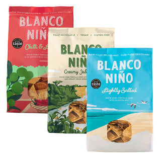 Blanco Nino 3 Pack Selection – Chilli & Lime, Creamy Jalapeño & Lightly Salted – 3 x 170g bags of delicious traditionally made corn tortilla chips
