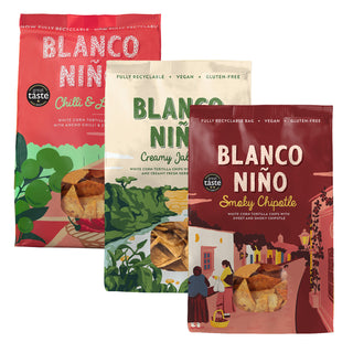 Blanco Nino 3 Pack Selection – Chilli & Lime, Creamy Jalapeño & Smoky Chipotle – 3 x 170g bags of delicious traditionally made corn tortilla chips