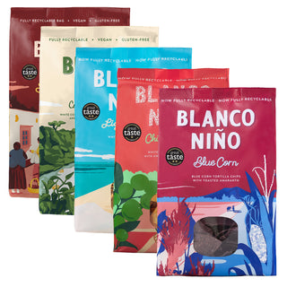 Blanco Nino 5 Pack Selection – Blue Corn, Chilli & Lime, Creamy Jalapeño, Lightly Salted & Smoky Chipotle – 5 x 170g bags of delicious traditionally made corn tortilla chips