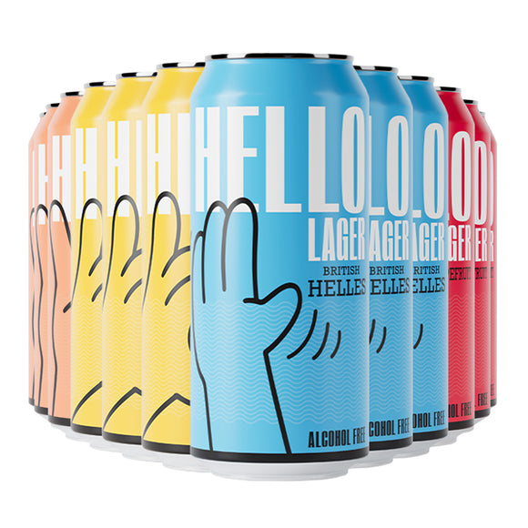 HELLO LAGER | 12 Can Bundle | British Helles-Style Lager | Alcohol Free 0.5% ABV | Lemon, Peach, Grapefruit & Original | Vegan & Gluten Free