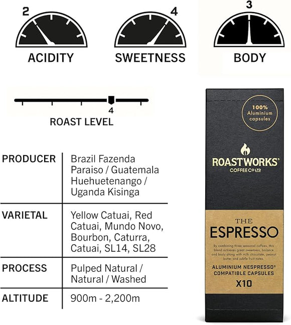 Roastworks - The Espresso Coffee Pods 10x5.5g – Speciality Coffee Pods Nespresso Compatible – Balanced Coffee Capsules with Notes of Milk chocolate, Peanut Butter and Red Fruit