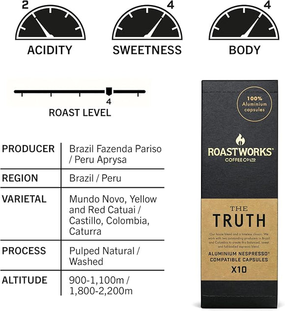 Roastworks - The Truth Coffee Pods 10x5.5g – Speciality Coffee Pods Nespresso Compatible – Balanced, Sweet Coffee Capsules with Notes of Chocolate and Caramel