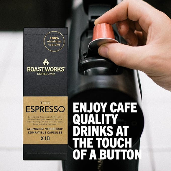 Roastworks - The Espresso Coffee Pods 10x5.5g – Speciality Coffee Pods Nespresso Compatible – Balanced Coffee Capsules with Notes of Milk chocolate, Peanut Butter and Red Fruit