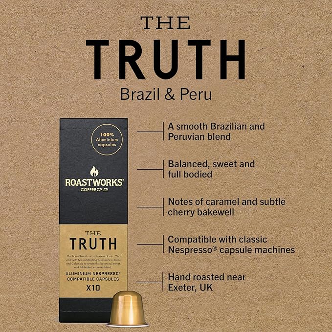 Roastworks - The Truth Coffee Pods 10x5.5g – Speciality Coffee Pods Nespresso Compatible – Balanced, Sweet Coffee Capsules with Notes of Chocolate and Caramel