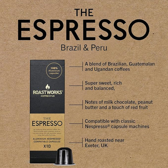 Roastworks - The Espresso Coffee Pods 10x5.5g – Speciality Coffee Pods Nespresso Compatible – Balanced Coffee Capsules with Notes of Milk chocolate, Peanut Butter and Red Fruit
