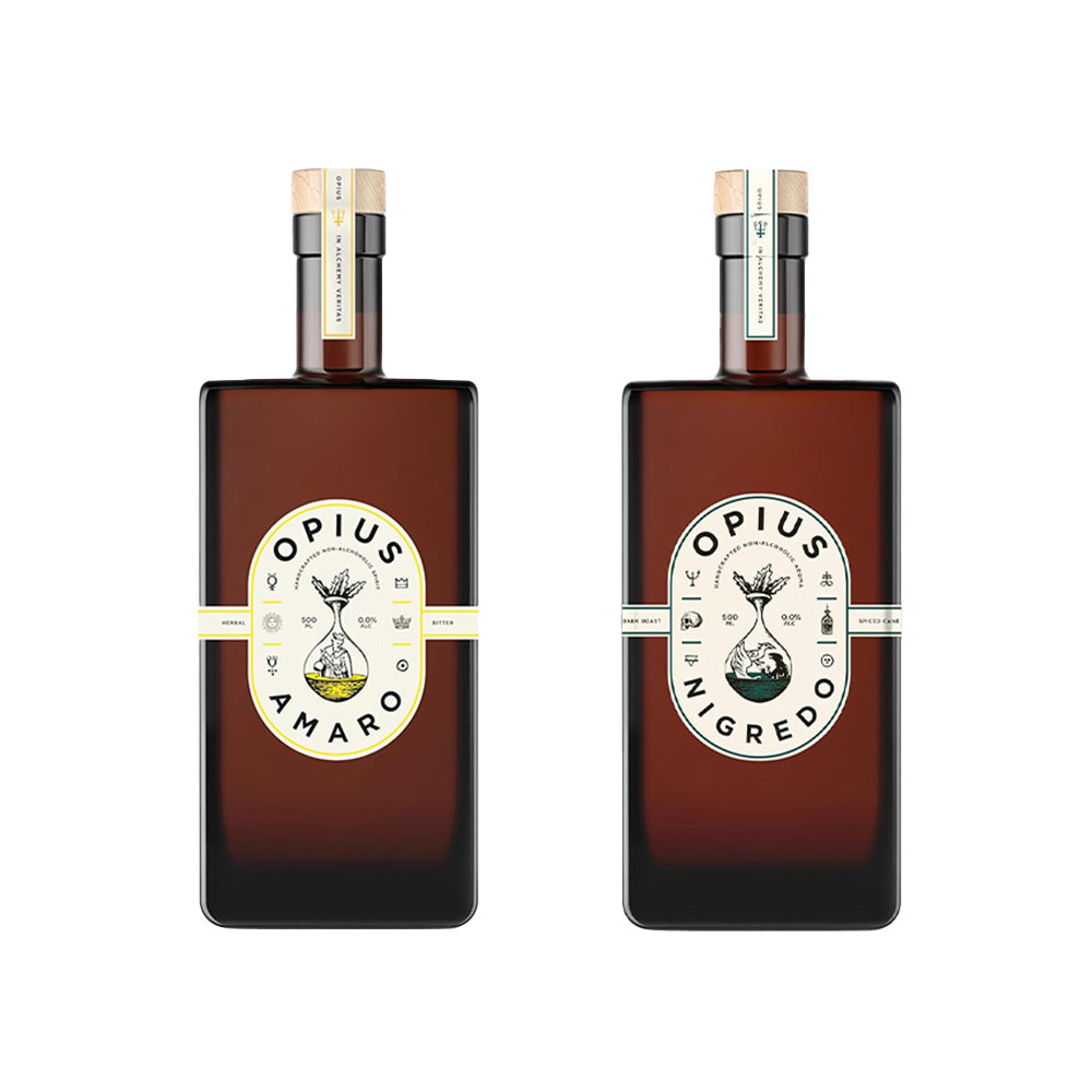 Opius Alcohol-Free Liqueur Pair | Amaro & Negredo | Premium Non-Alcoholic Spirits | 2 x 50cl Bottles | Ideal for Mocktails & Gifting