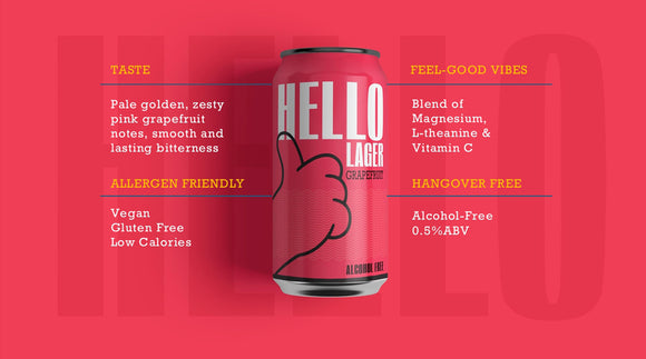 HELLO LAGER | British Helles-Style Lager | Alcohol Free 0.5% ABV | Zesty Grapefruit + Feel-Good Vibe Blend | Vegan & Gluten Free