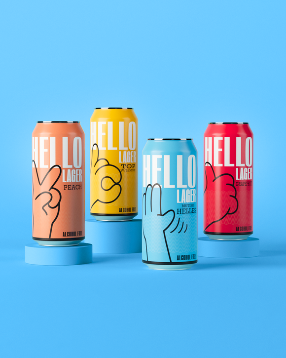 HELLO LAGER | 12 Can Bundle | British Helles-Style Lager | Alcohol Free 0.5% ABV | Lemon, Peach, Grapefruit & Original | Vegan & Gluten Free