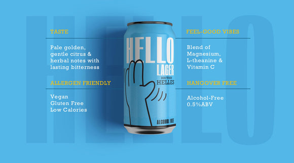 HELLO LAGER | British Helles-Style Lager | Alcohol Free 0.5% ABV | Feel-Good Vibe Blend | Vegan & Gluten Free