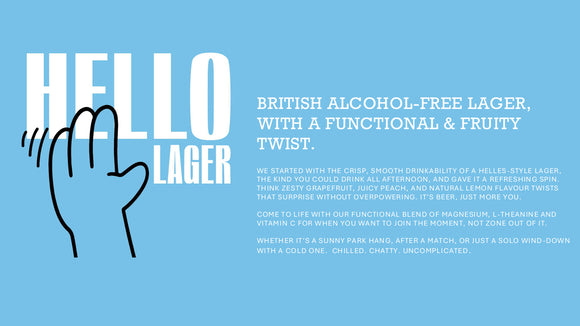 HELLO LAGER | 12 Can Bundle | British Helles-Style Lager | Alcohol Free 0.5% ABV | Lemon, Peach, Grapefruit & Original | Vegan & Gluten Free