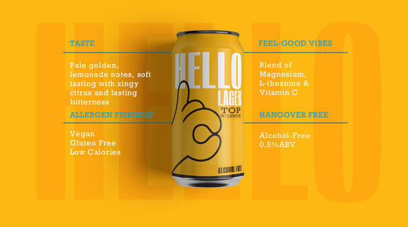 HELLO LAGER | British Helles-Style Lager | Alcohol Free 0.5% ABV | Tangy Lemon + Feel-Good Vibe Blend | Vegan & Gluten Free