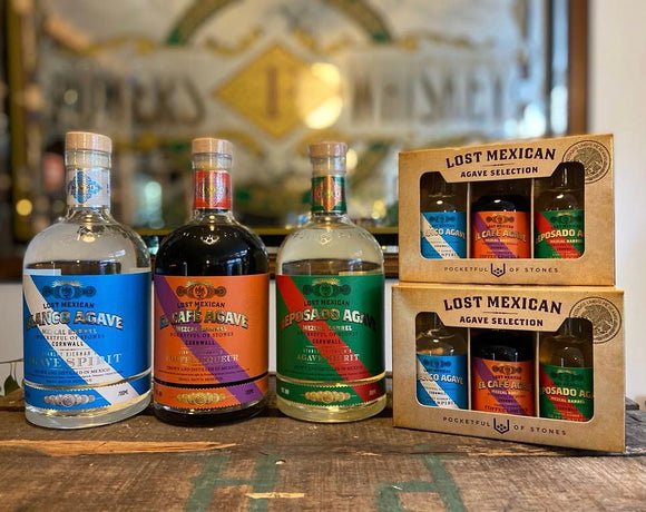 Pocketful of Stones – Lost Mexican Mezcal Barrel 5cl Gift Pack 35/50% ABV – Café, Blanco & Reposado