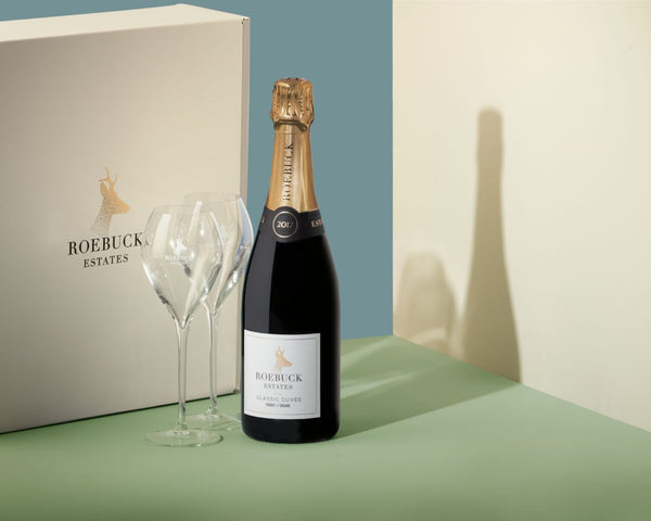 Roebuck Estates – 2017 Classic Cuvée gift set with branded tulip flutes