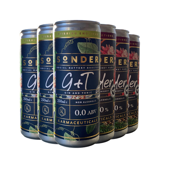 Karmaceuticals – Sonder G&T and Smolder Alcohol-Free Cocktail Cans Bundle - 3 of each - 0% ABV