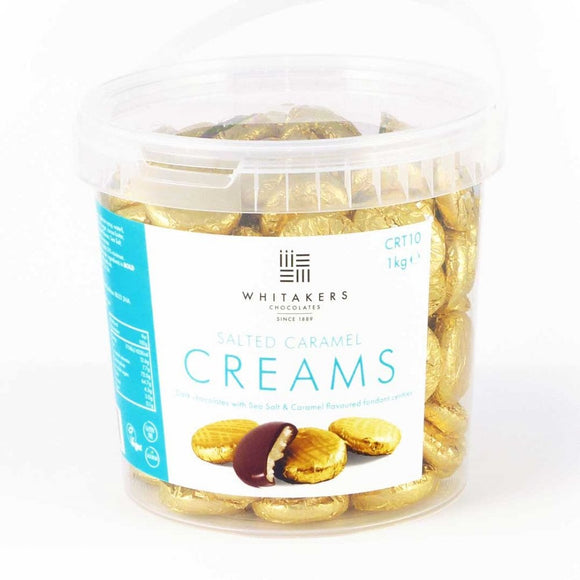 Whitakers Dark Chocolate Creams - Gold Foiled Fondant Cremes Plastic Tub (Salted Caramel, 1kg)